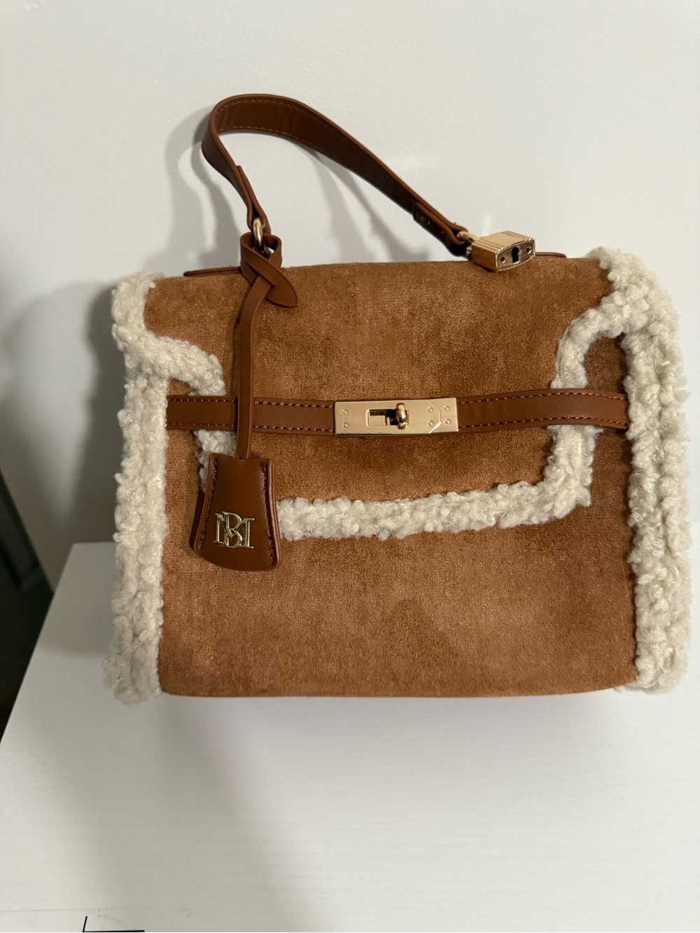 Brown Suede Shearling Top-Handle Bag